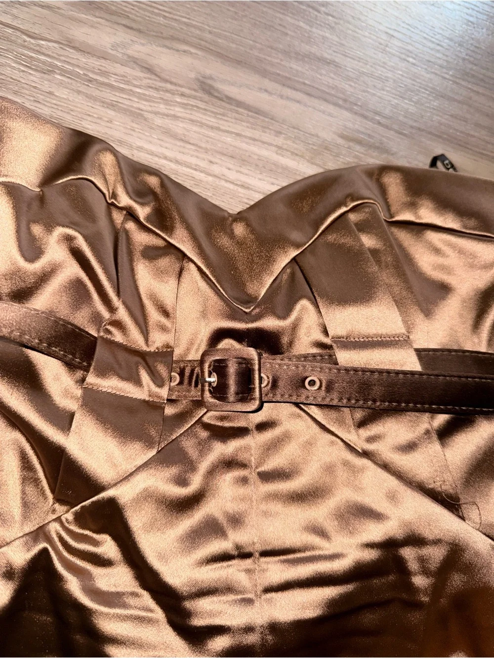 bebe Strapless Satin cocktail Mini Dress in Brown with Belt - Picture 4 of 8